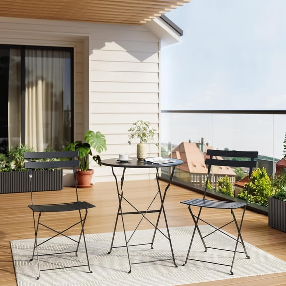 3 Piece Foldable Patio Bistro Set, Compact Round Table with 2 Folding Chairs for Garden, Black