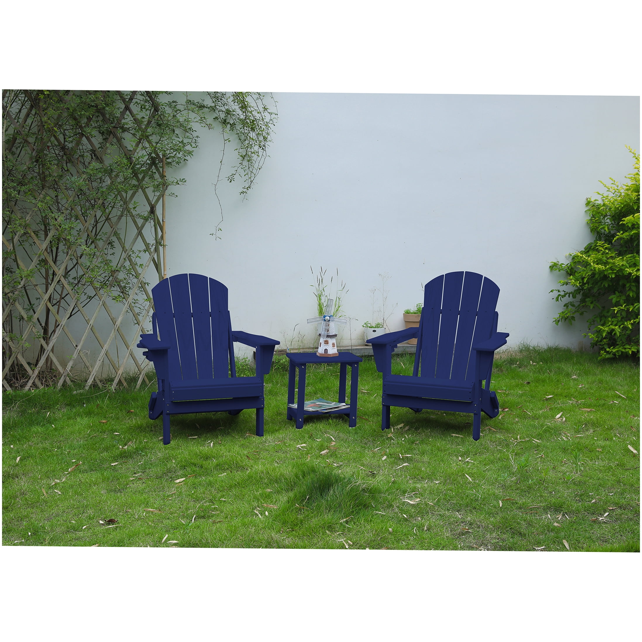 3-Piece Folding Adirondack Chair Set with Table, Navy Blue Wood Texture Patio Chairs for Outdoor Relaxation