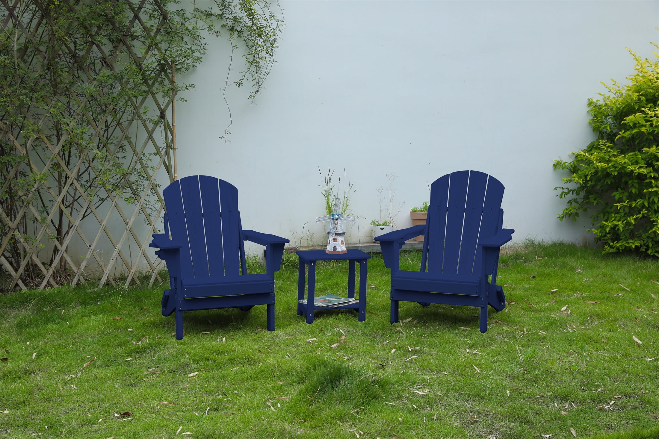 3 Piece Folding Adirondack Chair Set with Wood Texture Side Table for Patio Garden Backyard Outdoor Leisure Rest, Navy Blue