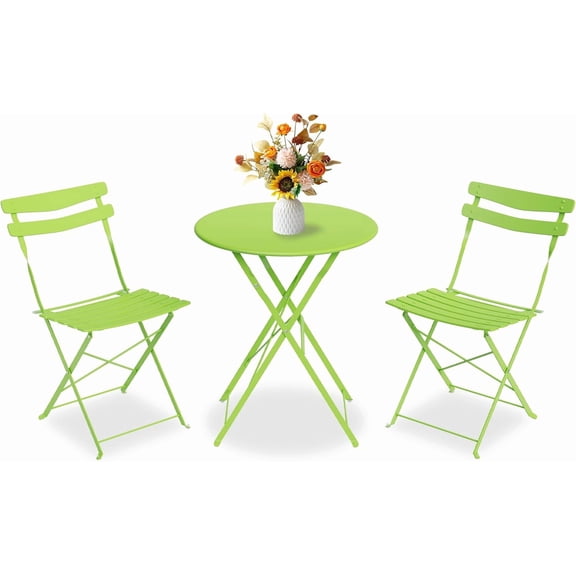 3-Piece Folding Bistro Set with 2 Chairs &able Space Saving Patio Furniture,Fully Assembled, Steel Frame with Powder-Coated Finish, Compact Outdoor Seating for Balcony,Garden,Small Space,Grass Green