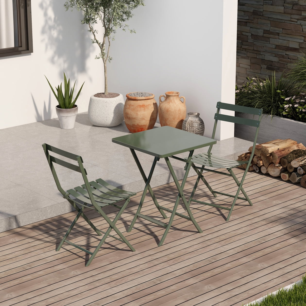 3 Piece Folding Bistro Set Outdoor Patio Furniture Square Table Sets Weather Resistant Portable Bistro Table and Chairs Set of 2 for Indoor Outside Garden Backyard Balcony Porch Deck Dark Green Walmar...