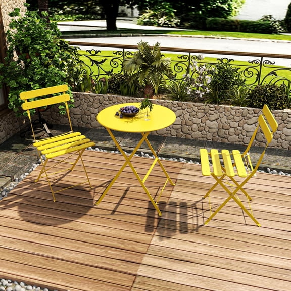3-Piece Folding Bistro Set with 2 Chairs & Table, 330 lb Capacity Outdoor Patio Furniture Set with Plush Cushions for Balcony Yard Garden, Yellow