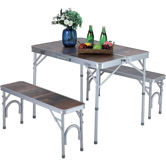 3-Piece Folding Camping Picnic Table and Bench Set with Adjustable Height