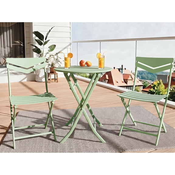 3 Piece Folding Patio Bistro Set, Metal Outdoor Table and Chairs Set for 2, Weather-Resistant Steel Furniture, No Assembly Required, Space-Saving Design for Balcony, Garden, Patio, Green