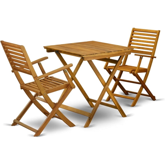 3 Piece Folding Patio Bistro Sets Outdoor Set Contains a Square Acacia Wood Coffee Table and 2 Folding Arm Chairs, 26x26 Inch, Natural Oil