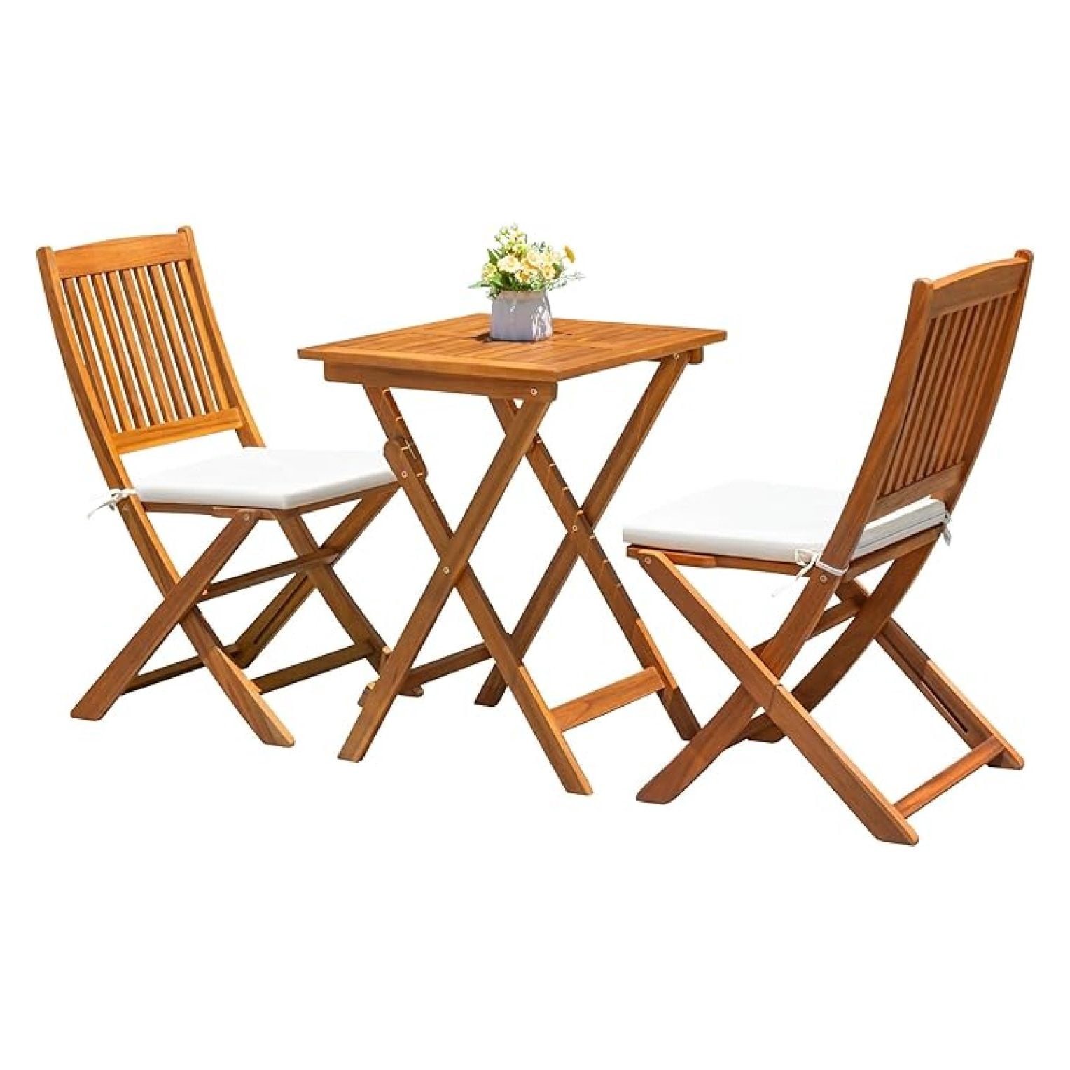 3 Piece Folding Patio Chairs Outdoor Wood Bistro Set with Cushion