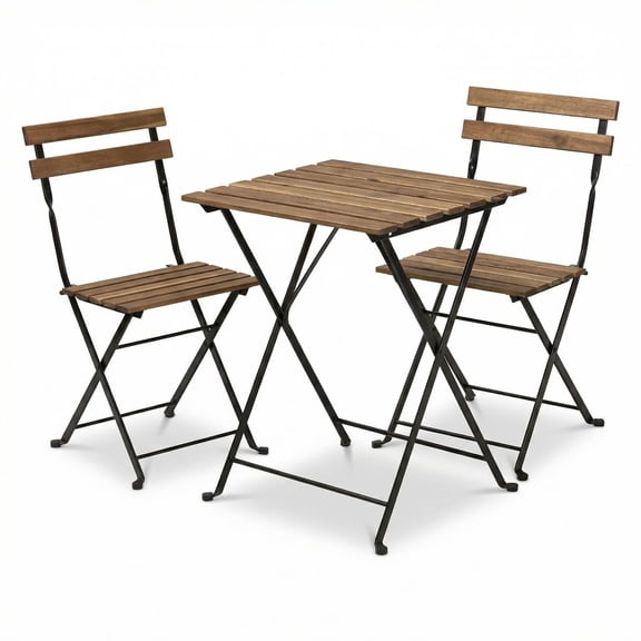 3-Piece Folding Patio Set, Iron and Wood Table with 2 Chairs, Natural Color, Balcony/Garden Use