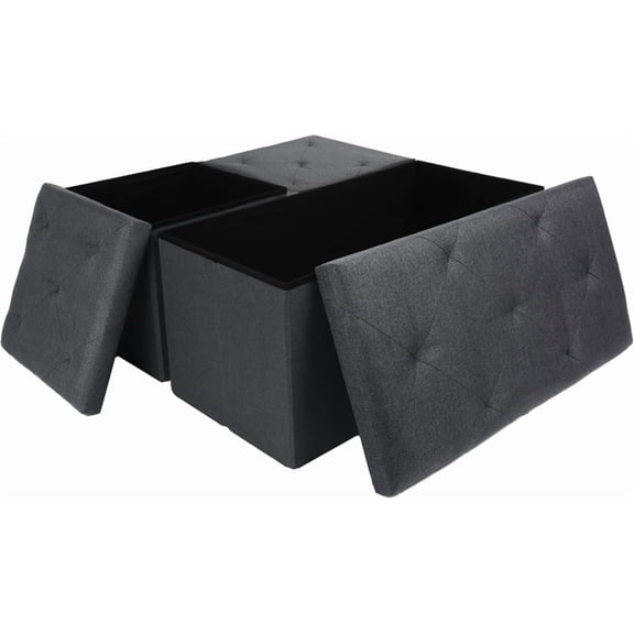 3-Piece Folding Storage Ottoman Bench Set, Faux Linen Footrest & End of Bed Bench