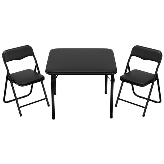 3-Piece Folding Upholstered Table and Chair, Square Card Table and Chair Set with Pu Soft Cushion, Metal Frame Children's Activity Table and Chairs Set for Daycare and Classroom, Black