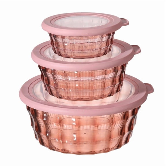 3 Piece Food Storage Container Set with Lids, Round Kitchen Bowls for Meal Prep, Leftovers, Fruit, Salad and Snacks, Reusable Nesting Food Containers, Pink