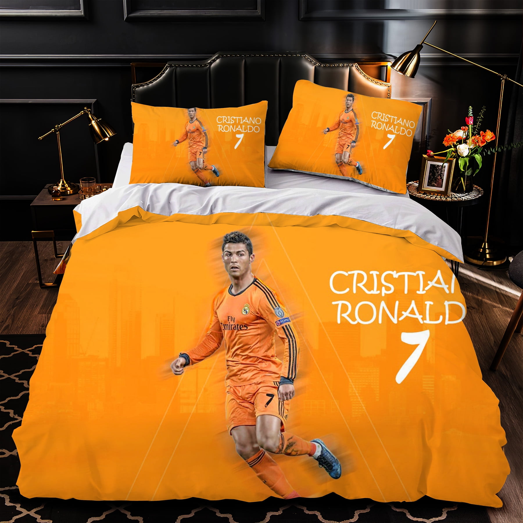 3Piece Football Player Action Duvet Cover Set Orange Bedding with
