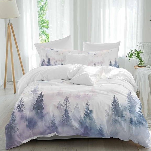 3 Piece Forest Mountain Duvet Cover Set Twin Size, Microfiber Comforter/Quilt Cover with Corner Ties and 2 Pillowcases, Nature Tree Scenery Sky Birds All Season Soft Bedding with Zipper Closure