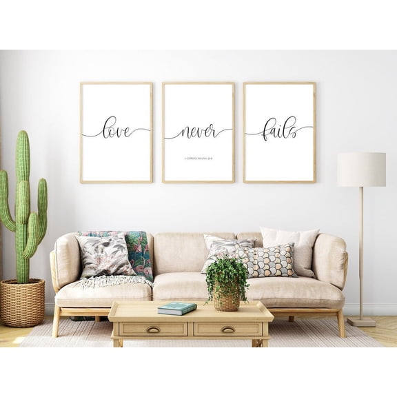 3 Piece Framed Art Prints Love Never Fails Sign Poster Pictures Love Quote Canvas Wall Painting for Home Christian Bedroom Decoration with Inner Frame