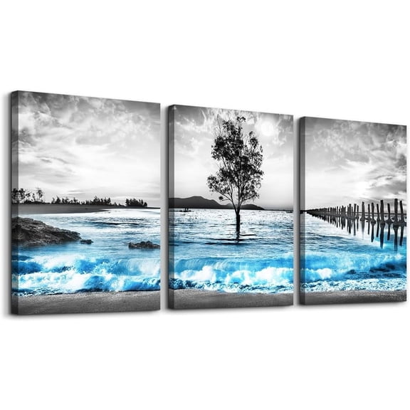 3 Piece Framed Canvas Wall Art Bedroom Wall Decoration Living Room Office Wall Decor Black White Beach Wall Painting Blue Sea Wave Pictures Artwork Ready To Hang Modern Home Decor
