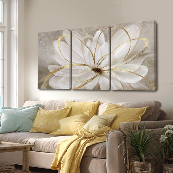 3 Piece Framed Canvas Wall Art, Neutral Beige White Flower with Gold Lines, Modern Floral Artwork for Living Room Bedroom Decor - 16" x 24"x 3