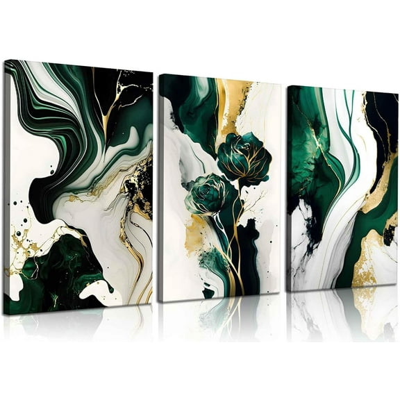 Voguly 3 Piece Framed Emerald Green Wall Art Modern Abstract Marble Canvas Prints with Gold Accents Ready to Hang Paintings for Living Room Bedroom Office Decor