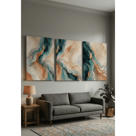 3 Piece Frameless Teal Gold Abstract Canvas Wall Art, HD Print Marble Swirl Painting, Ready to Hang Modern Home Decor Set,15.7x23.6 Inch*3