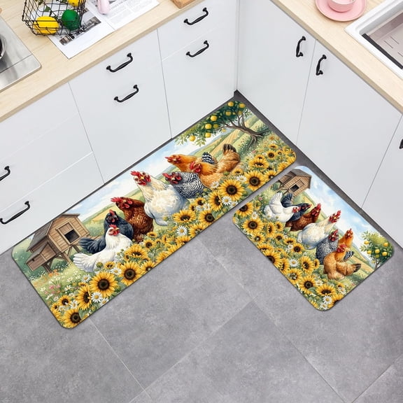 3 Piece French Rooster Kitchen Rug Set, 16x24+20x31+17x47 Non-Slip Chicken Kitchen Mats, Machine Washable Vintage Rooster Kitchen Decor, Durable Polyester Country Farmhouse Runner and Rugs for Floor