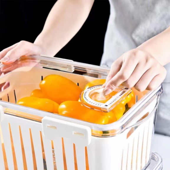 Fridge Organizer Bins with Lids | Refrigerator Storage Containers for Fruits & Vegetables | Stackable, Sealed Freshness Tracker | White Plastic