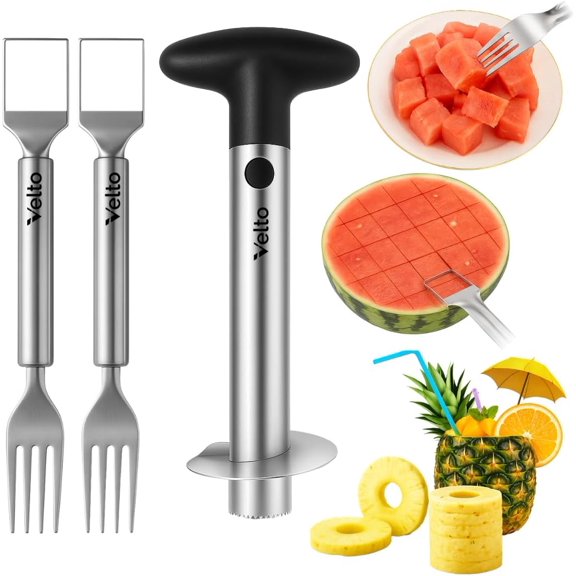 3-Piece Fruit Cutter Set Watermelon Slicer Cube Cutter + Pineapple Corer | Stainless Steel Fruit Cutting Tool Kit for Quick Melon Dicing, Peeling, Coring & Serving