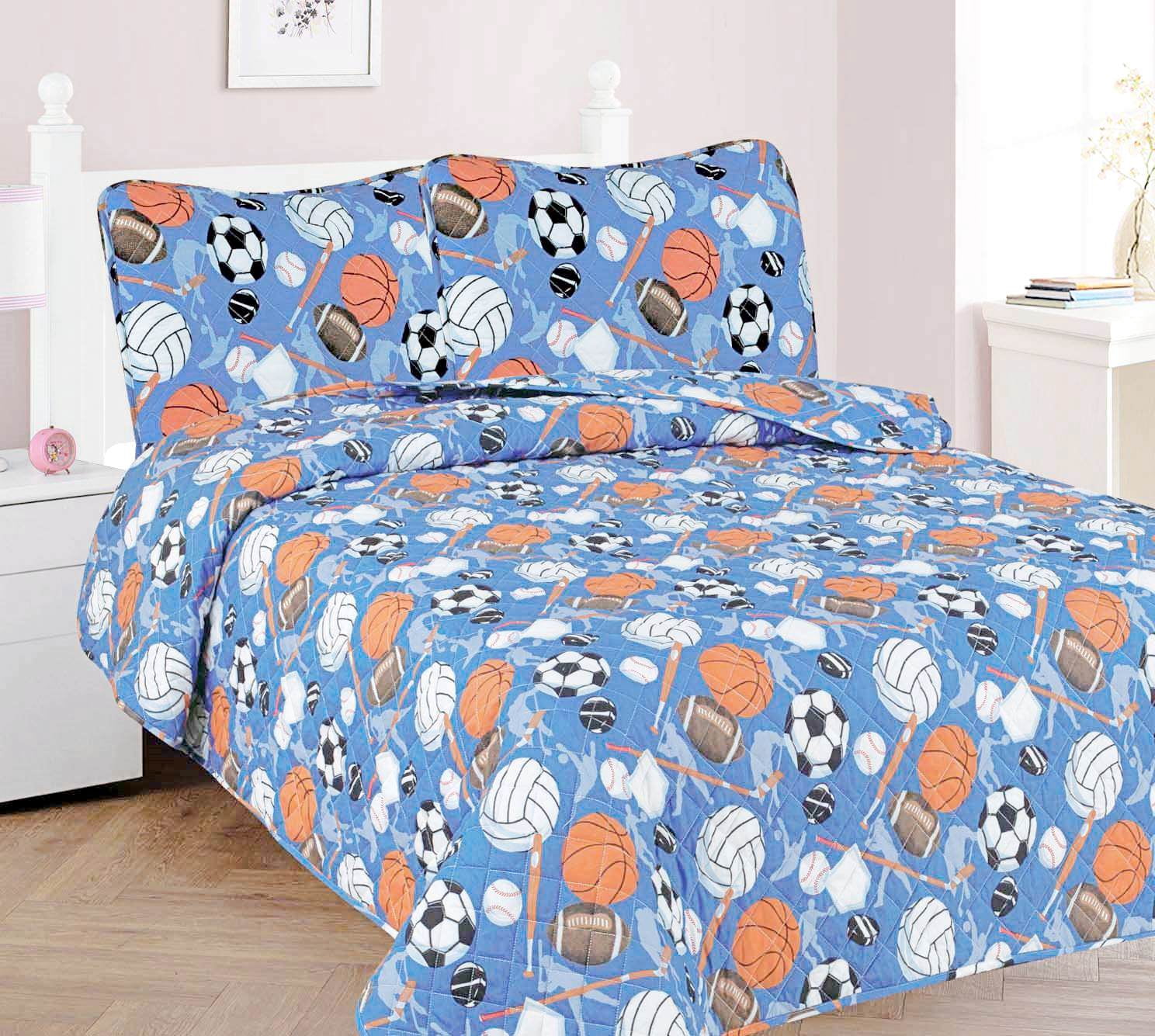 3-Piece Full Patchwork Sport Blue for Kids Microfiber Bedding Quilt Set, 1 Print Quilted Coverlet with 2 Matching Pillow Shams Included