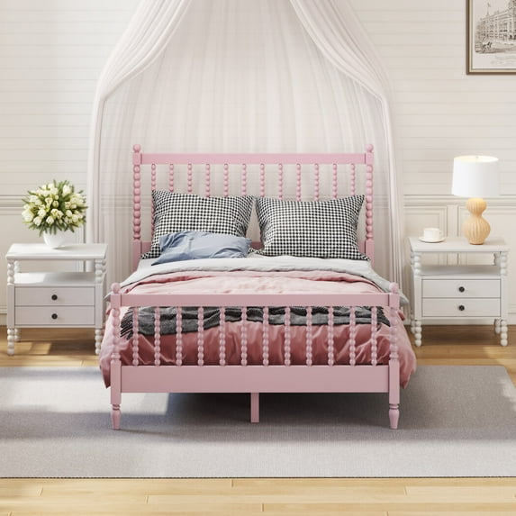 3 Piece Full Platform Bed Bedroom Sets, 2 Nightstand, Minimalist Wooden Platform Bed with Gourd-Shaped Headboard and Footboard for Adults, Men, Women, No Box Spring Needed, Pink