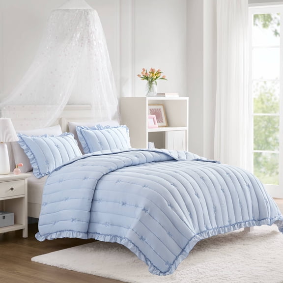 3-Piece Full/Queen Quilt Mini Set with Bow Embroidery and Ruffle Trim