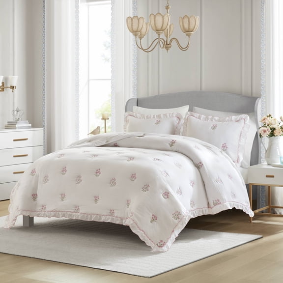 3-Piece Full/Queen Quilt Mini Set with Floral Embroidery and Ruffled Edge