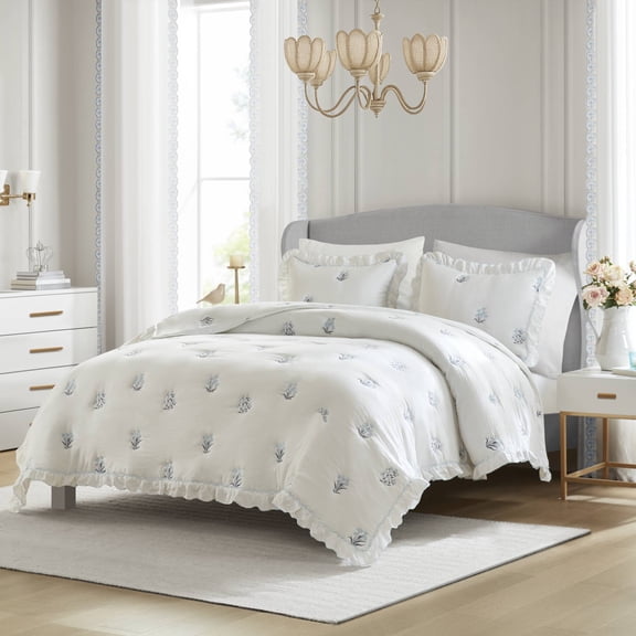 3-Piece Full/Queen Quilt Mini Set with Floral Embroidery and Ruffled Edge