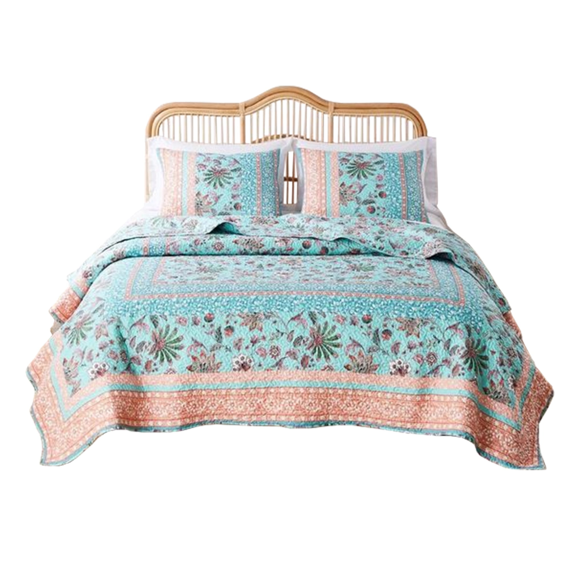 Full Size Turquoise and White Floral Cotton Quilt Set