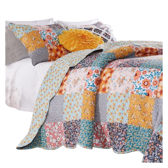 3 Piece Full Queen Quilt Set with Floral Print, Multicolor