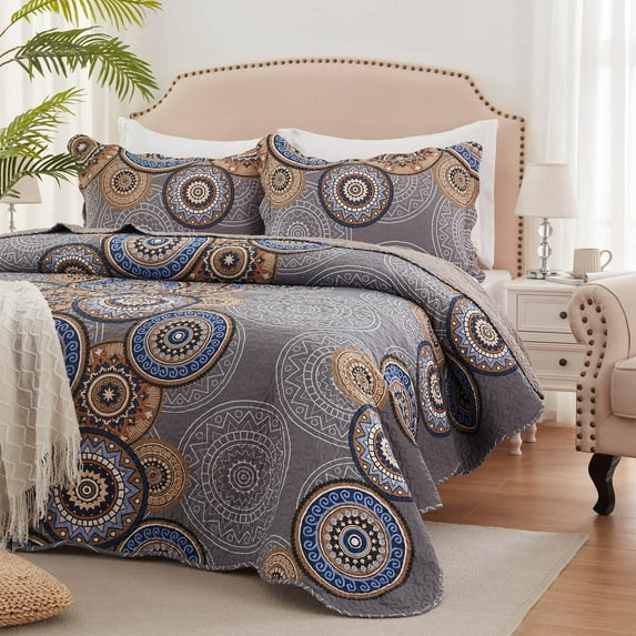 3-Piece Full/Queen Size Bedspread Coverlet Set - Gray Mandala Quilt with 2 Pillow Shams, Microfiber
