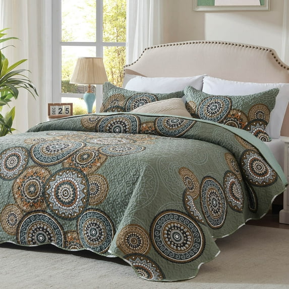 3-Piece Full/Queen Size Bedspread Coverlet Set - Green Mandala Quilt with 2 Pillow Shams, Microfiber