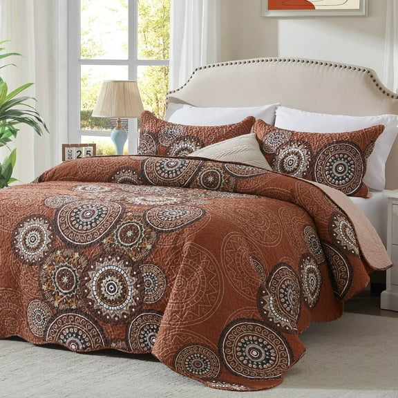 3-Piece Full/Queen Size Bedspread Coverlet Set - Orange Mandala Quilt with 2 Pillow Shams, Microfiber