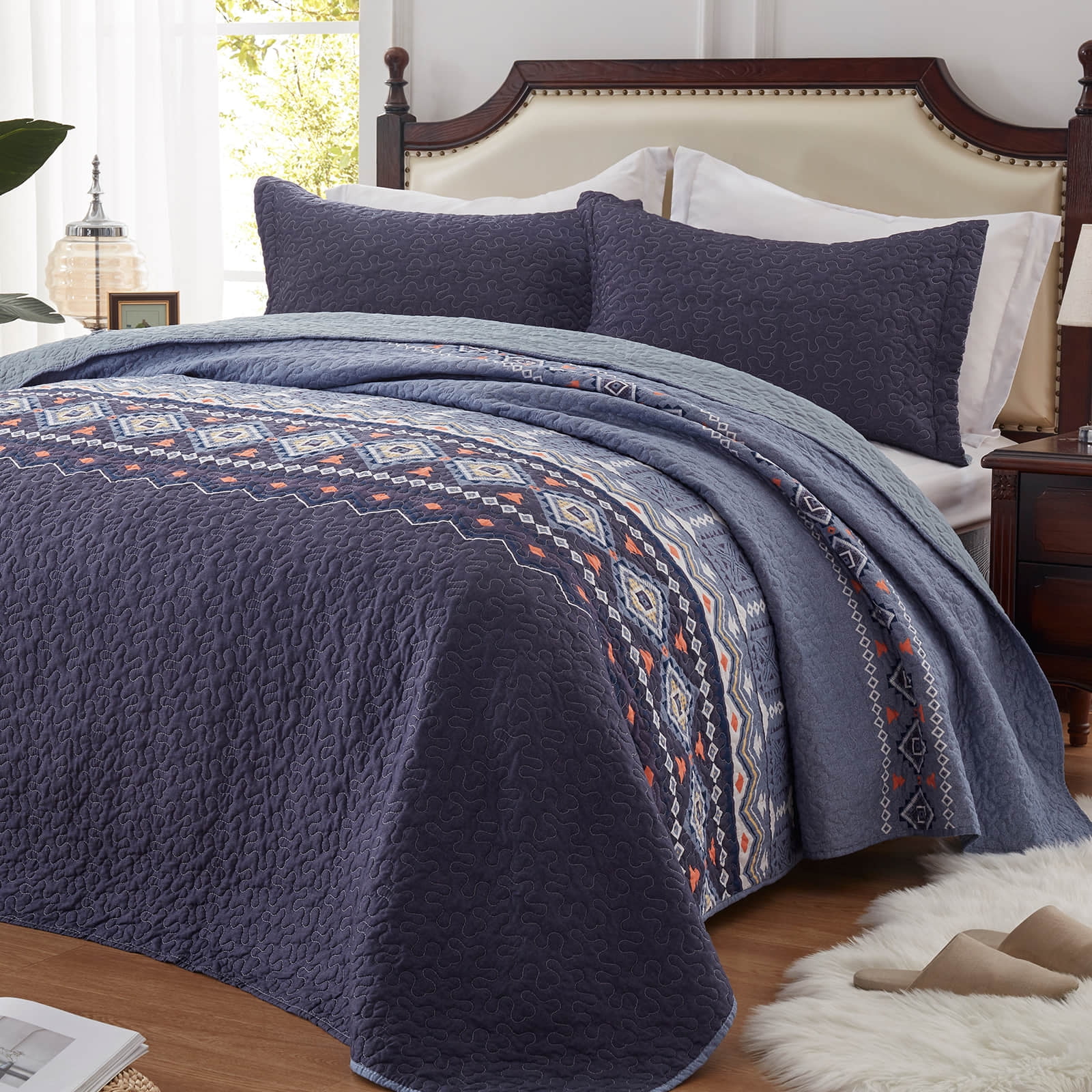 3-Piece Full/Queen Size Quilt Set - Blue Bohemian Bedspread Coverlet with 2 Pillow Shams, Microfiber