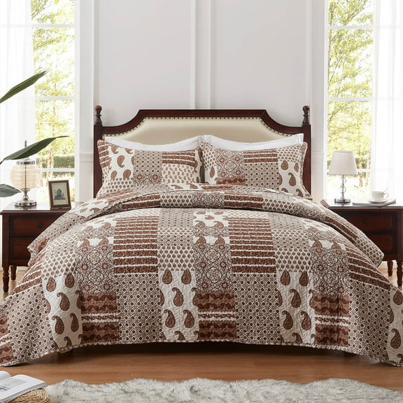 3-Piece Full/Queen Size Quilt Set - Brown Paisley Bedspread Coverlet with 2 Pillow Shams, Microfiber