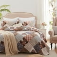 thumbnail image 1 of 3-Piece Full/Queen Size Quilt Set - Brown patchwork Bedspread Coverlet with 2 Pillow Shams, Microfiber, 1 of 5