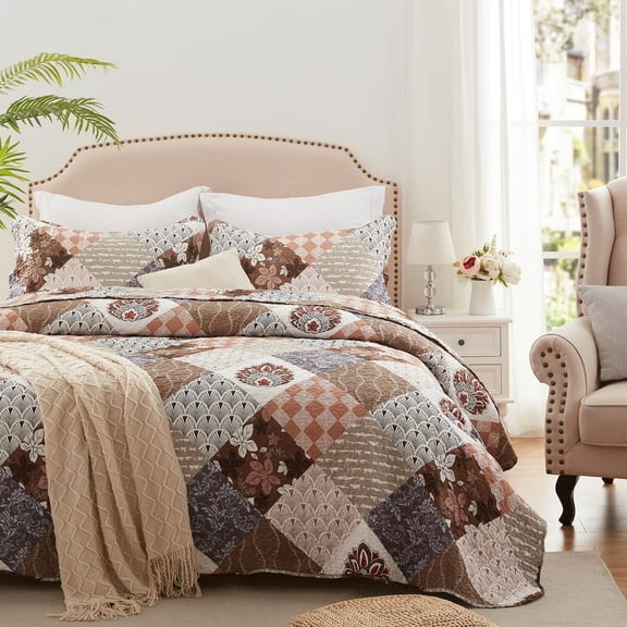 3-Piece Full/Queen Size Quilt Set - Brown patchwork Bedspread Coverlet with 2 Pillow Shams, Microfiber