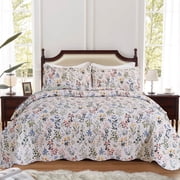 3-Piece Full/Queen Size Quilt Set - Floral Garden Style Bedspread Coverlet with 2 Pillow Shams, Microfiber