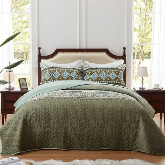 3-Piece Full/Queen Size Quilt Set - Olive Green Bohemian Bedspread Coverlet with 2 Pillow Shams, Microfiber
