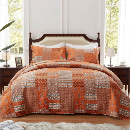 3-Piece Full/Queen Size Quilt Set - Orange Rust Paisley Bedspread Coverlet with 2 Pillow Shams, Microfiber