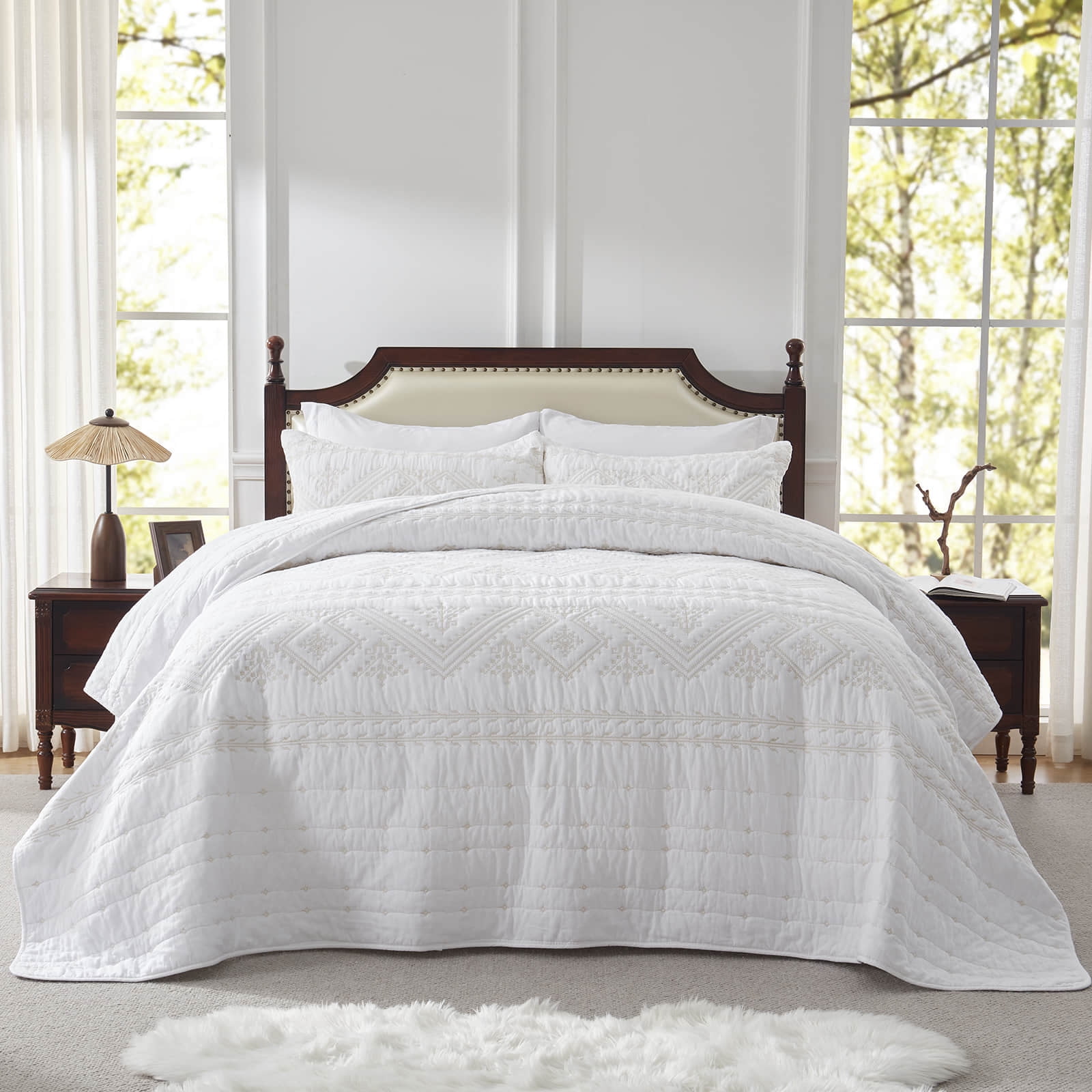 3-Piece King Cotton Gauze  Embroidered Quilt Set,White