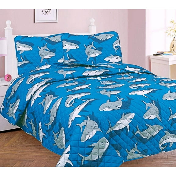 3-Piece Full Shark Old Teal for Kids Microfiber Bedding Quilt Set, 1 Print Quilted Coverlet with 2 Matching Pillow Shams Included