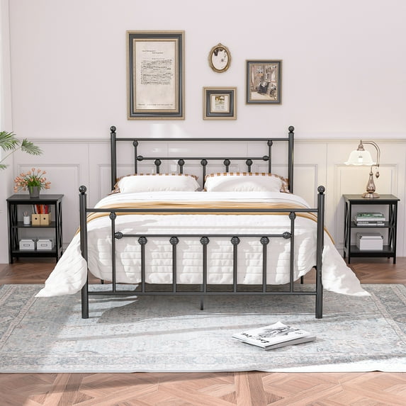 3 Piece Full Size Bedroom Sets Black Metal Bed Frame and 2 Black Nightstands