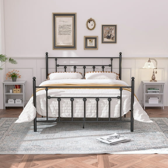 3 Piece Full Size Bedroom Sets Black Metal Bed Frame and 2 White Nightstands