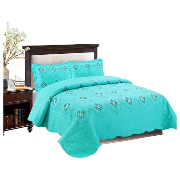 3-Piece Fully Quilted Embroidery Quilts Bedspreads Bed Coverlets Cover Set, Cal King Size, White, Black, Emma(Oversize, Turquoise)