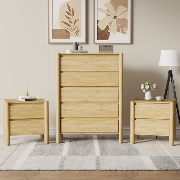 3 Piece Furniture Bedroom Set,5-drawer Dresser And 2 Nightstands, Beige