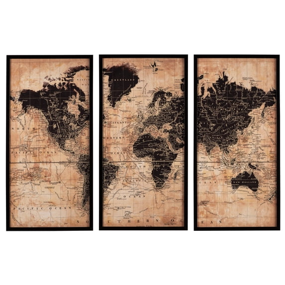 3 Piece Gallery Wrapped Wall Art Depicting World Map Brown and Black - Saltoro Sherpi