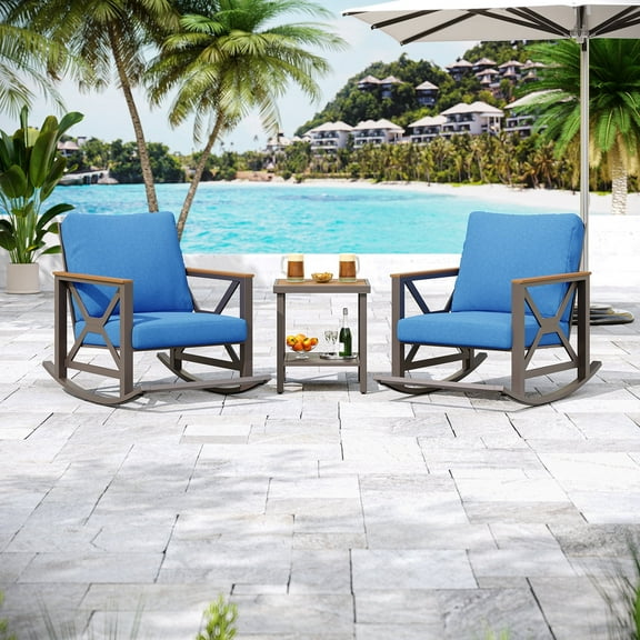 3-Piece Galvanized Frame Outdoor Rocking Chair Set, Patio Furniture, 1 End Table and 2 Rocker, Porch Set (Blue)
