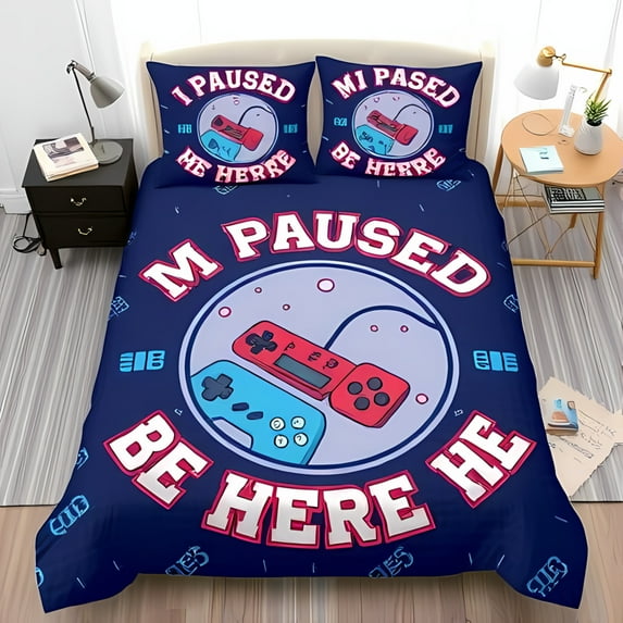 3-Piece Gaming Duvet Cover Set - Navy Blue Comforter with Console & Controller Graphic " I PAUSED BE HERE " Pillowcases - Fun Bedding for Gamers
